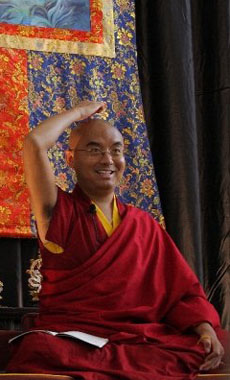 Mingyur Rinpoche Smiling in front of brocade
